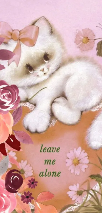 Cute kitten on heart with flowers, pink background.