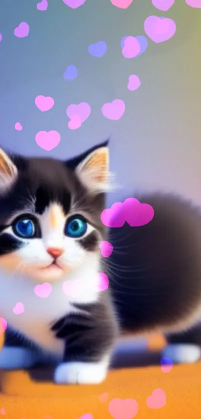 Cute kitten with pink hearts on gradient background.