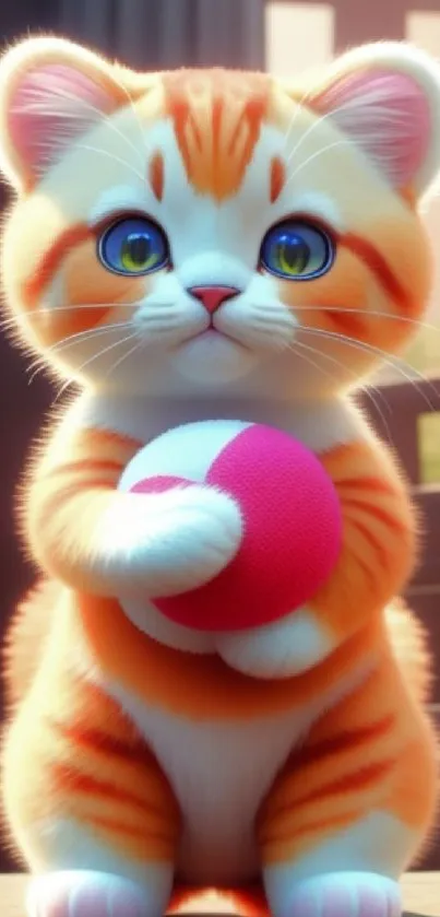 Adorable cartoon kitten holding a ball.