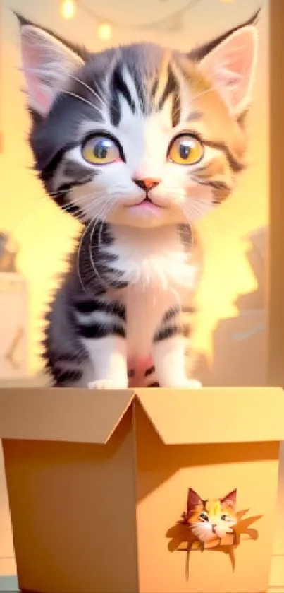 Cute kitten sitting in a cardboard box with soft lighting.