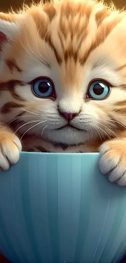 Adorable kitten with blue eyes in a cup.