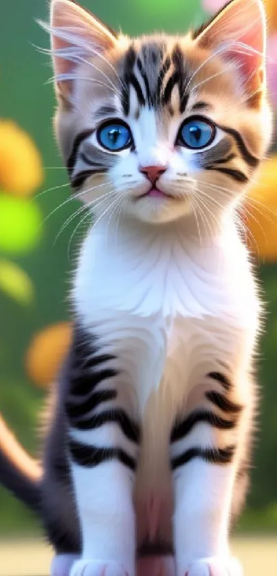 Cute kitten with blue eyes sitting in a colorful garden setting.