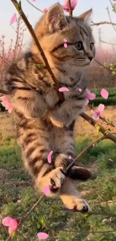 Cute kitten holding onto a blooming branch in a garden.