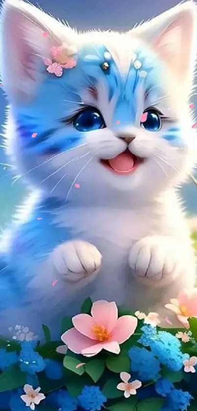 Adorable blue kitten surrounded by flowers in animated style.