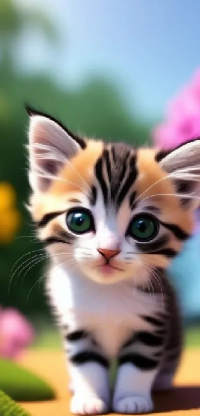 Cute kitten in vibrant garden setting with bright flowers.