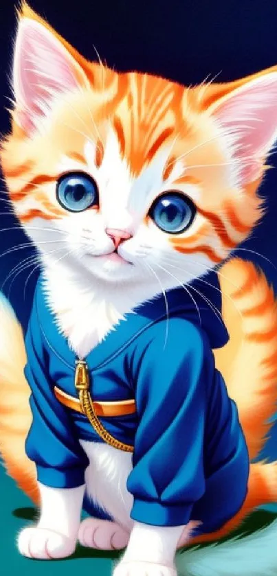 Adorable orange kitten in a blue hoodie with bright blue eyes and a playful expression.