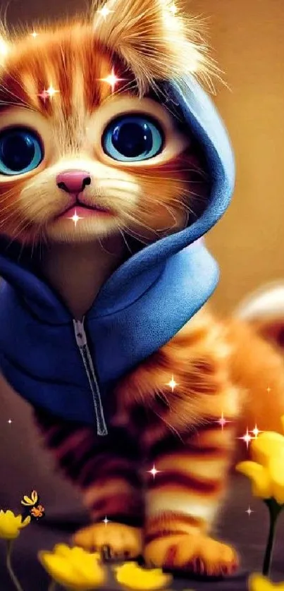 Adorable kitten in blue hoodie with yellow flowers.