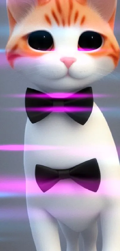 3D kitten with bow tie on gray background, perfect for wallpaper.