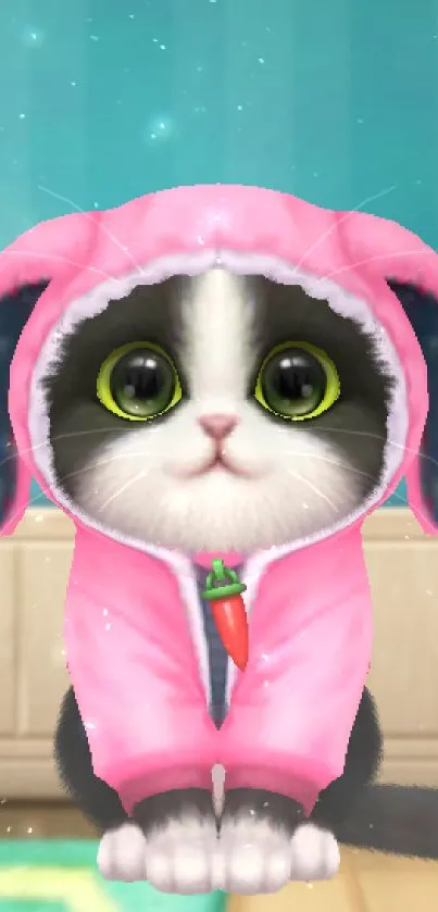 Adorable kitten in pink bunny hoodie sitting on a teal striped background.