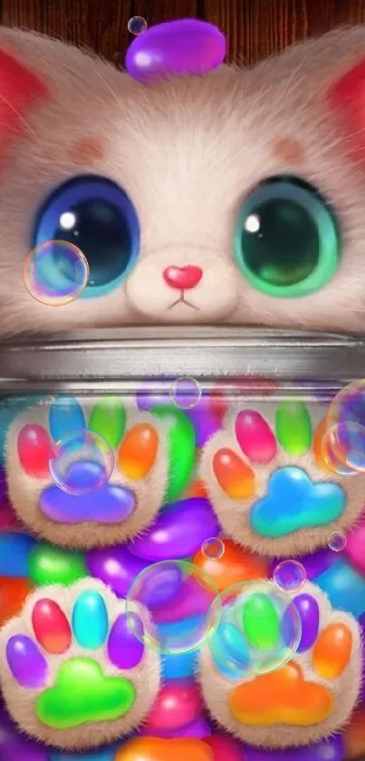 Adorable kitten surrounded by colorful candy jars in a digital art wallpaper.