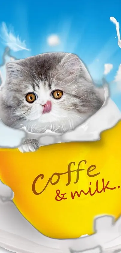 Cute kitten peeking from a yellow coffee cup against a blue background.