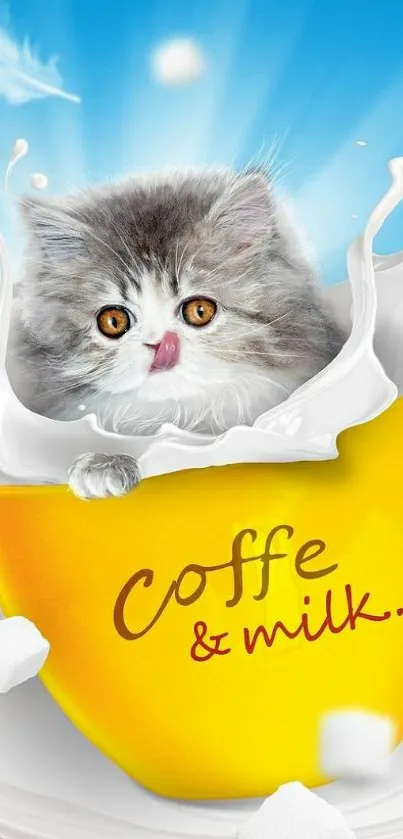 Kitten in a yellow coffee cup with milk splashes and sugar cubes.