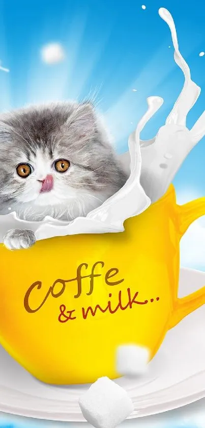 Cute kitten in a yellow coffee cup with milk splash on blue background.