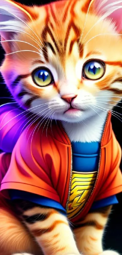 Colorful cartoon kitten in a vibrant superhero outfit.