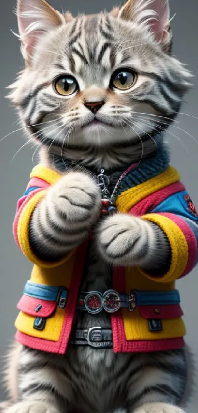 Adorable kitten wearing a colorful sweater on a mobile wallpaper background.