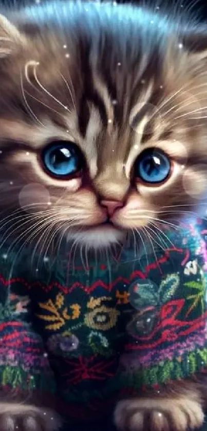 Cute kitten with bright blue eyes in a colorful sweater.