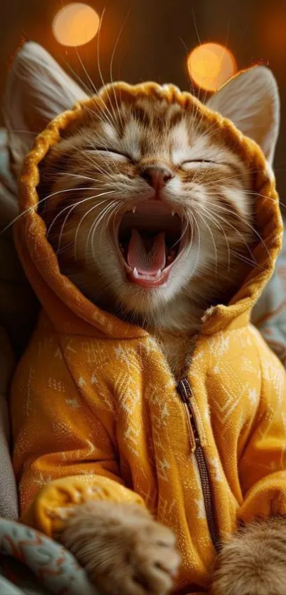 Adorable yawning kitten in a yellow hoodie