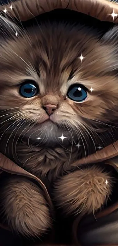 A cute kitten wearing a cozy brown hoodie, with big blue eyes and fluffy fur.