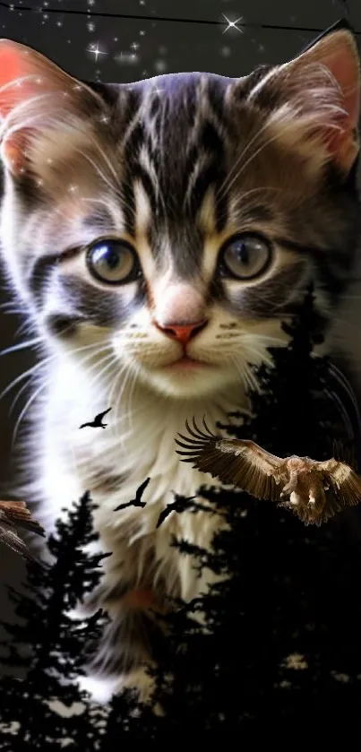 Cute kitten in an enchanted forest with birds and owls.