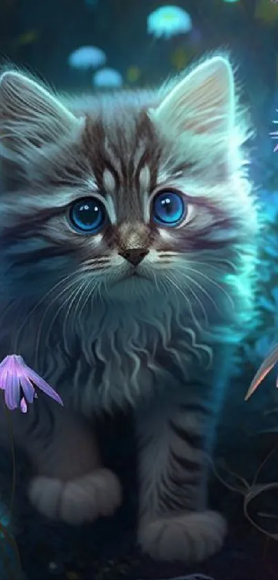 Adorable kitten in a glowing forest with neon flowers, creating a magical scene.