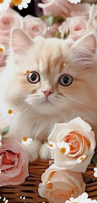 Cute kitten surrounded by pink roses and daisies in a basket.