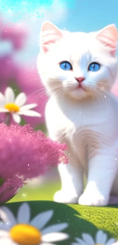 White kitten with blue eyes in a pink and white floral field.