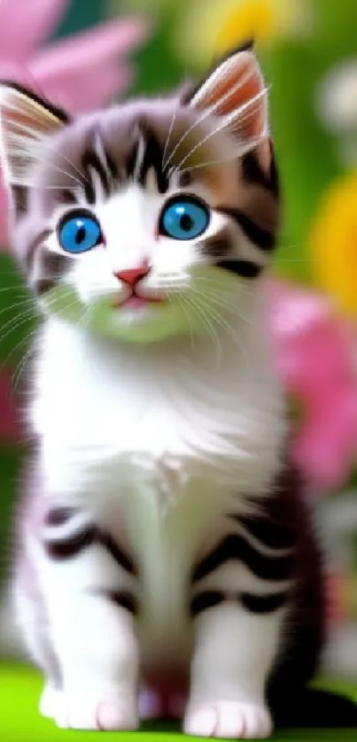 Adorable kitten with blue eyes in a colorful floral garden.