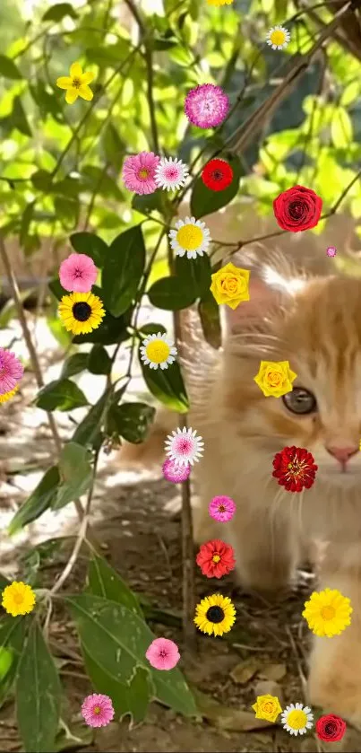 Cute kitten nestled among colorful flowers in nature.