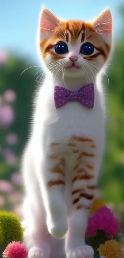 Adorable kitten with blue eyes and purple bow tie in a floral meadow.