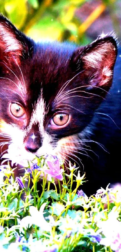 Cute kitten nestled among vibrant garden flowers.