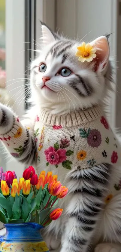 Kitten wearing a floral sweater by the window.