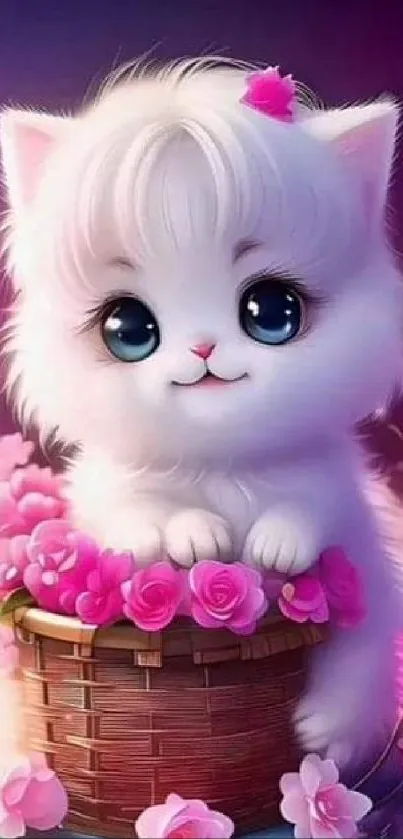 Cute fluffy white kitten in a basket with pink flowers.