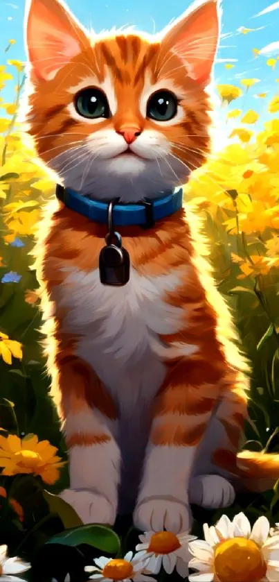 Cute orange kitten with blue collar in a field of yellow flowers.