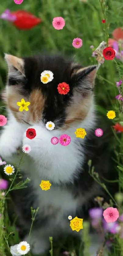 Cute calico kitten in a vibrant flower field, covering its eyes playfully.