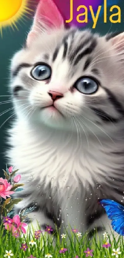 Adorable kitten with flowers and butterfly, perfect for mobile wallpaper.