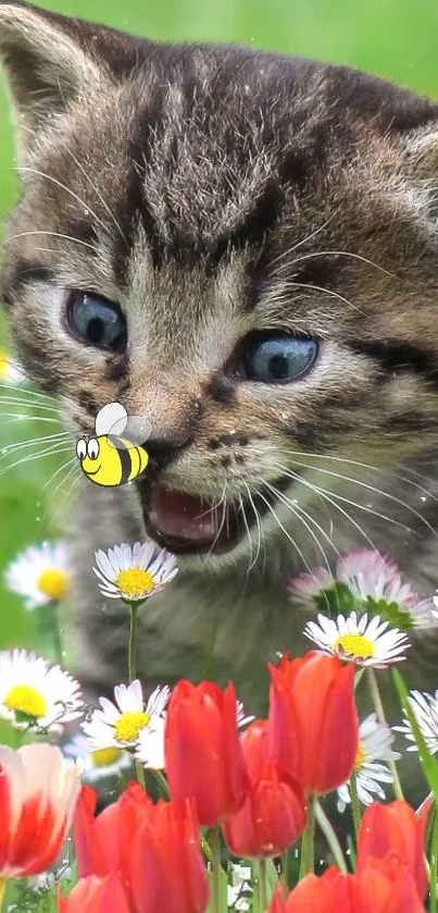 Adorable kitten frolics in a daisy-filled garden.
