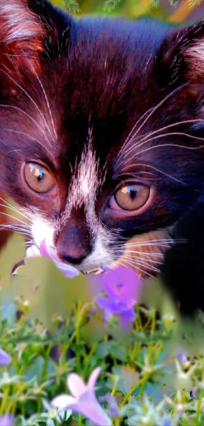 Adorable kitten with colorful flowers in a vibrant garden setting.