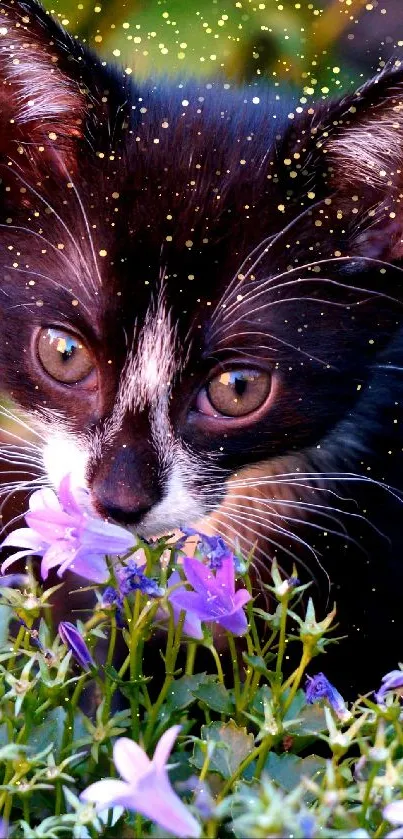 Cute black kitten sniffing purple flowers in garden.