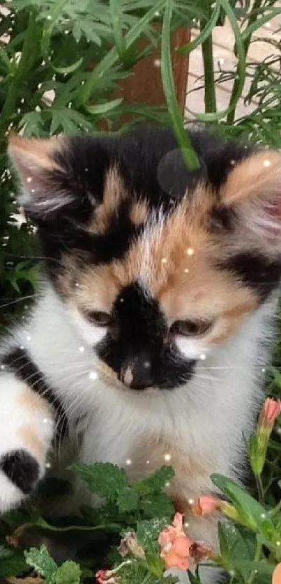 Cute calico kitten playing among vibrant garden flowers.