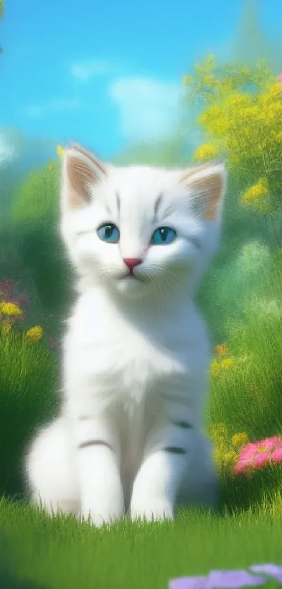 Cute white kitten sitting in a vibrant flower garden.