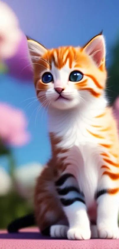 Adorable orange and white kitten with flowers in the background.