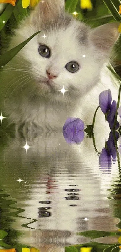 Kitten in a flower garden with water reflection.