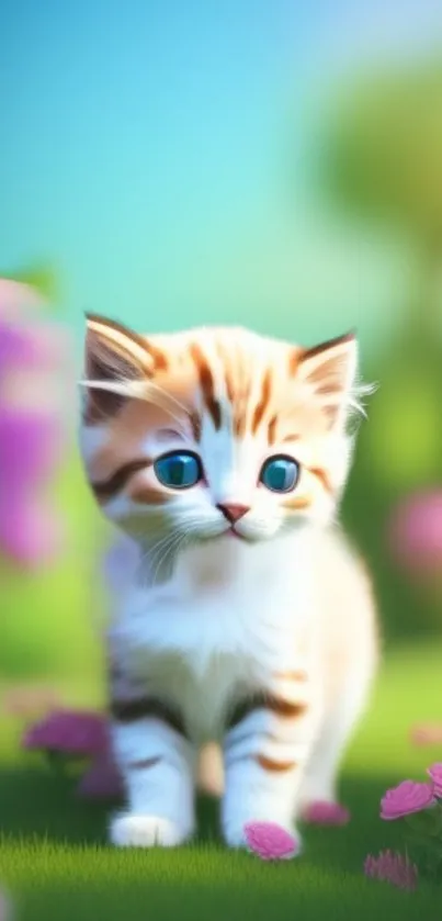 Cute kitten with blue eyes sitting in a colorful garden setting.