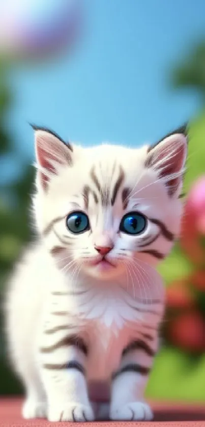 Cute kitten with blue eyes in a colorful garden setting.