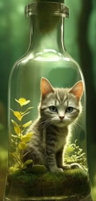 Cute kitten inside a glass bottle with a forest background.