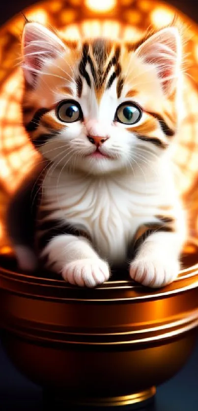 Adorable kitten in a warm golden light, creating a cute and charming phone wallpaper.