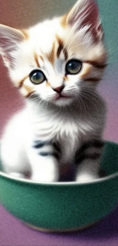 Cute kitten sitting in green bowl with pastel background.