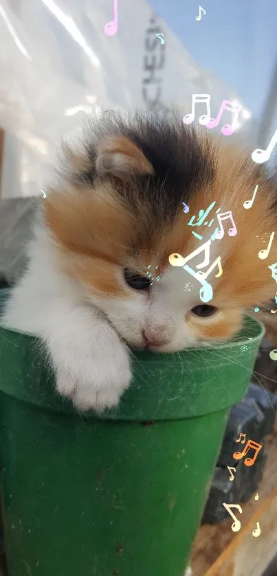 Cute kitten peeking from a small green pot.