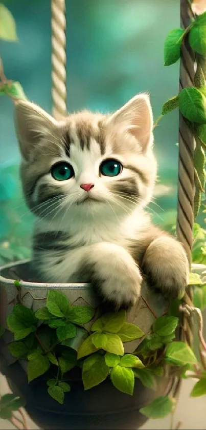 Fluffy kitten peeks out of hanging pot surrounded by green leaves.