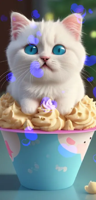 Cute white kitten with blue eyes in an ice cream cup.